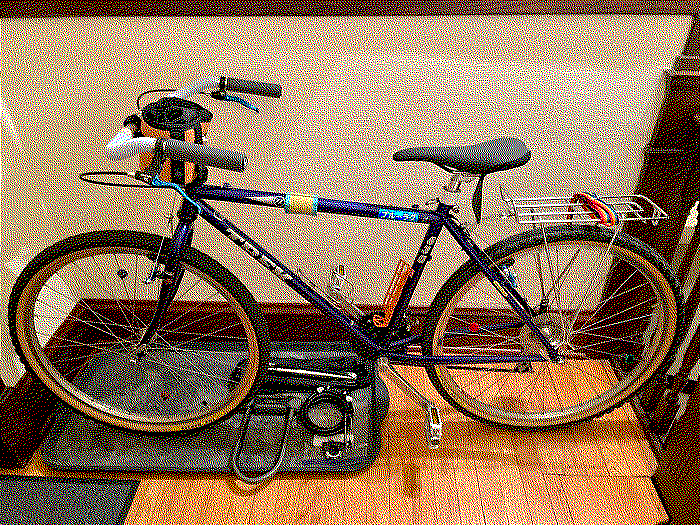 A dithered photo of a customized bicycle propped up against a wall.